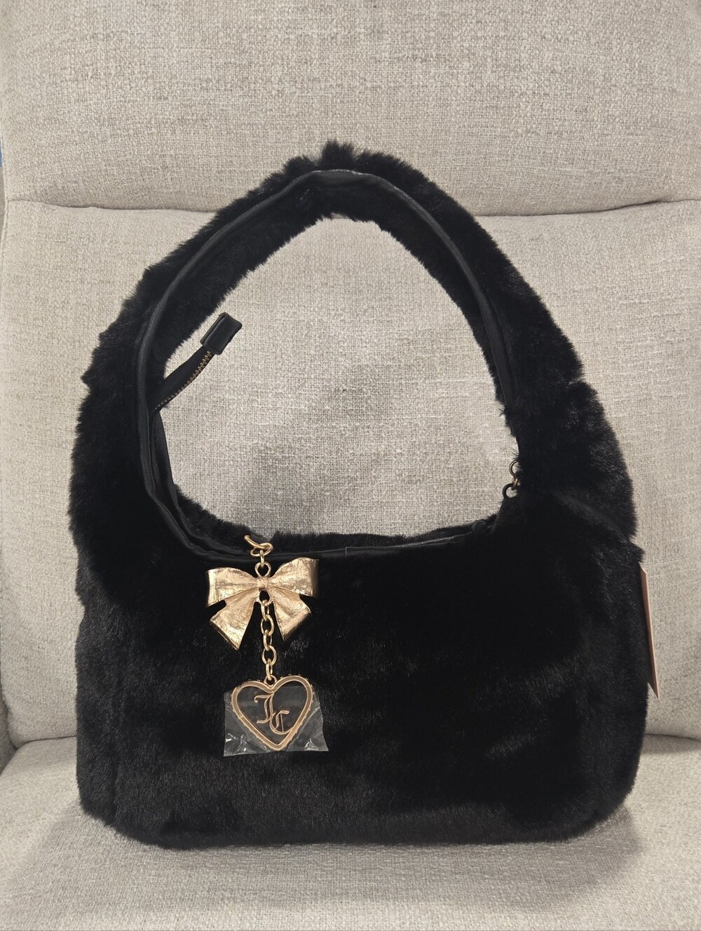 Juicy Couture Black Faux Fur Shoulder Hobo Bag